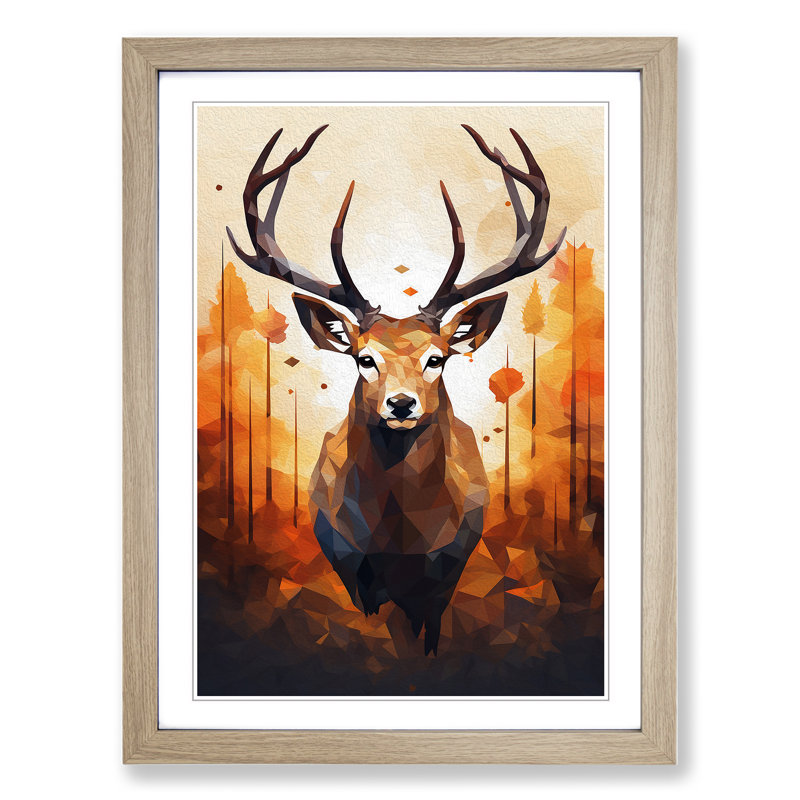 Deer Geometric - Single Picture Frame Print on Wood, Oak Framed, 64cm H x 46cm W