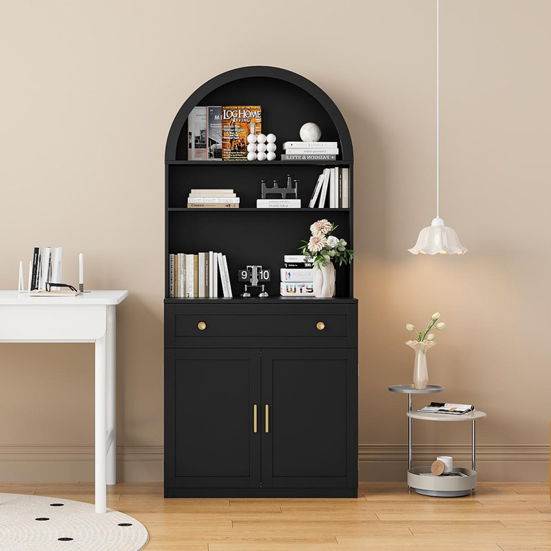 71" Arched Display Cabinet Bookcase, Storage Display Bookcase With Open Shelves And Cabinet, Black