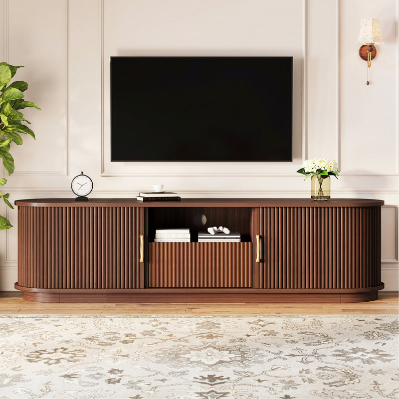 Rustic TV Stand With Sliding Wood Slatted Doors For Tvs Up To 75", Farmhouse Fluted TV Cabinet With Drawer And Cable Management For Living Room, Bedroom