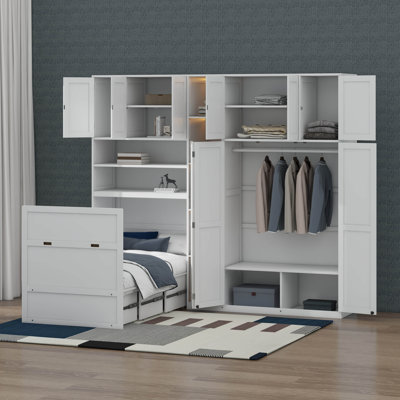 Lit escamotable en bois simple avec garde-robe et armoire, armoire escamotable avec DEL et bibliothèque