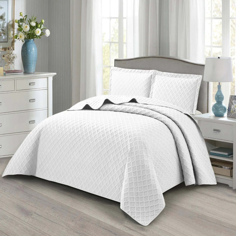 Bedspread Diamond Check Embossed Set with Pillow Shams, Textured All-Season Comfort, Single, Double, King & Super King, White