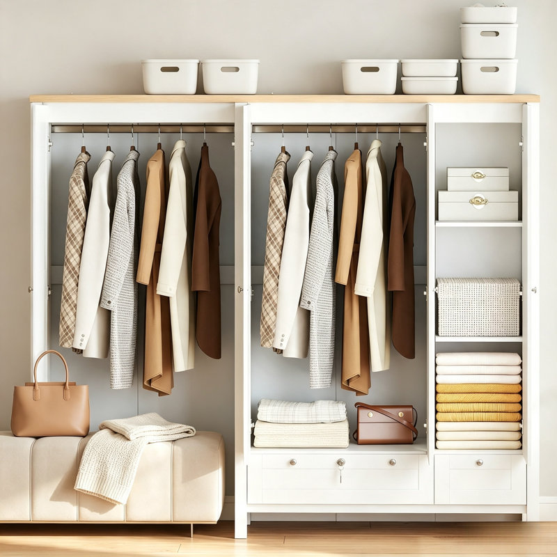 Armoire-penderie blanche à trois portes avec tiroirs verrouillables et tringle suspendue pour le rangement des vêtements de chambre à coucher