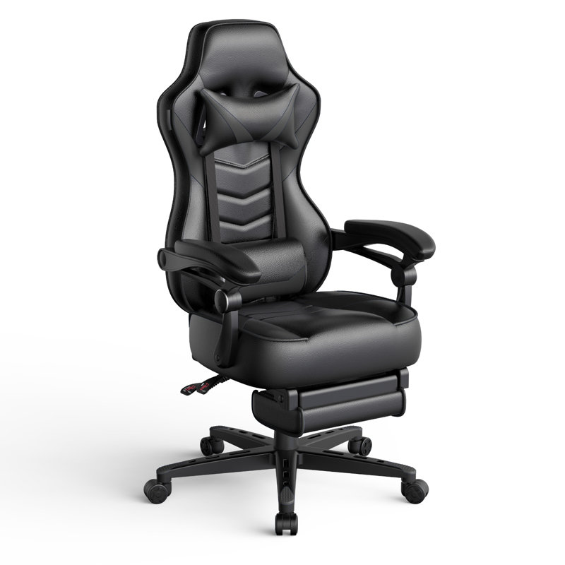 RAYS Reclining Ergonomic Faux Leather Swiveling PC & Racing Game Chair with Footrest, Black