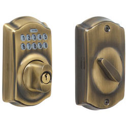 Schlage Keypad Deadbolt with Camelot Trim, Antique Brass, Yes