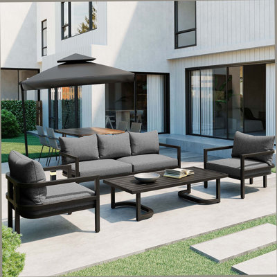 Multi-Person Outdoor Steel Sofa Set With Coffee Table, Waterproof & Anti-Rust Patio Seating, UV-Resistant Cushions For Garden, Lawn & Backyard