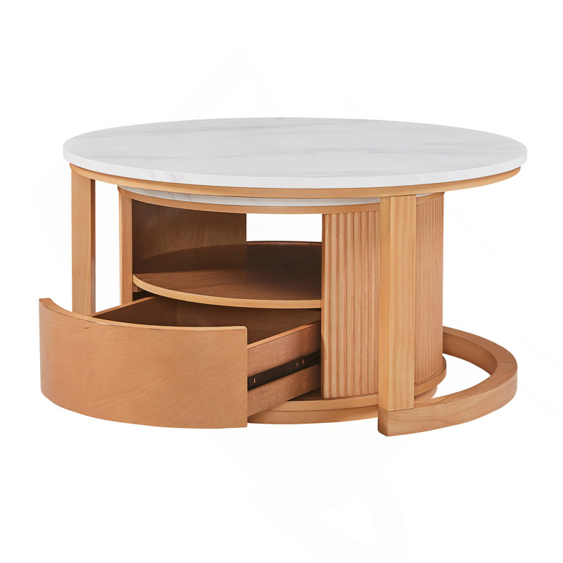 Table basse gigogne ronde avec plateau en marbre blanc, rangement à 2 niveaux et 1 tiroir, naturel, 28,5 po