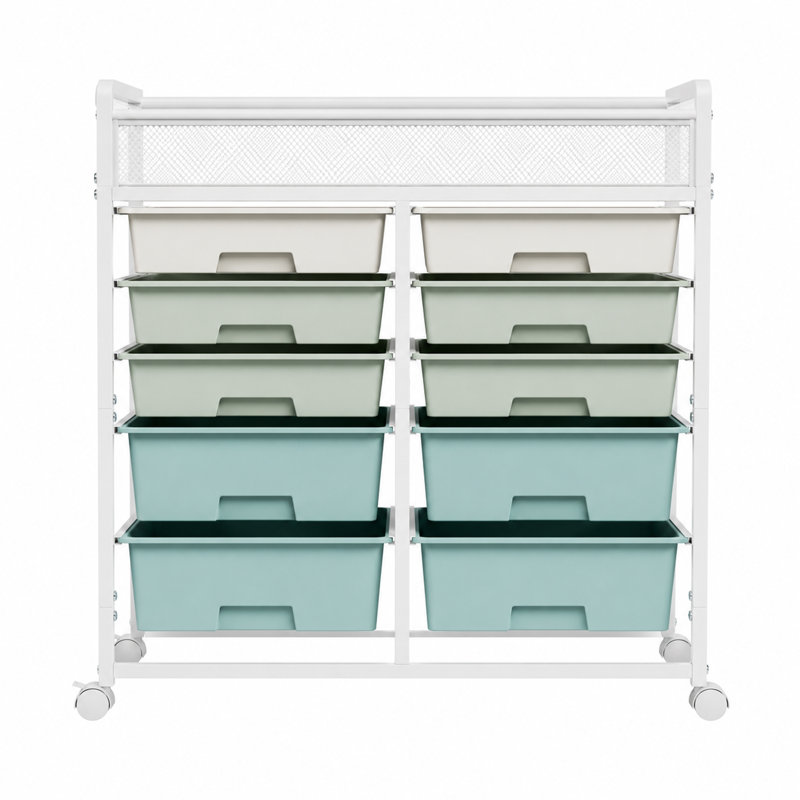 Étagères de salle de bain à 5 niveaux avec panier supérieur en maille, chariot de rangement en métal avec tiroirs et roulettes