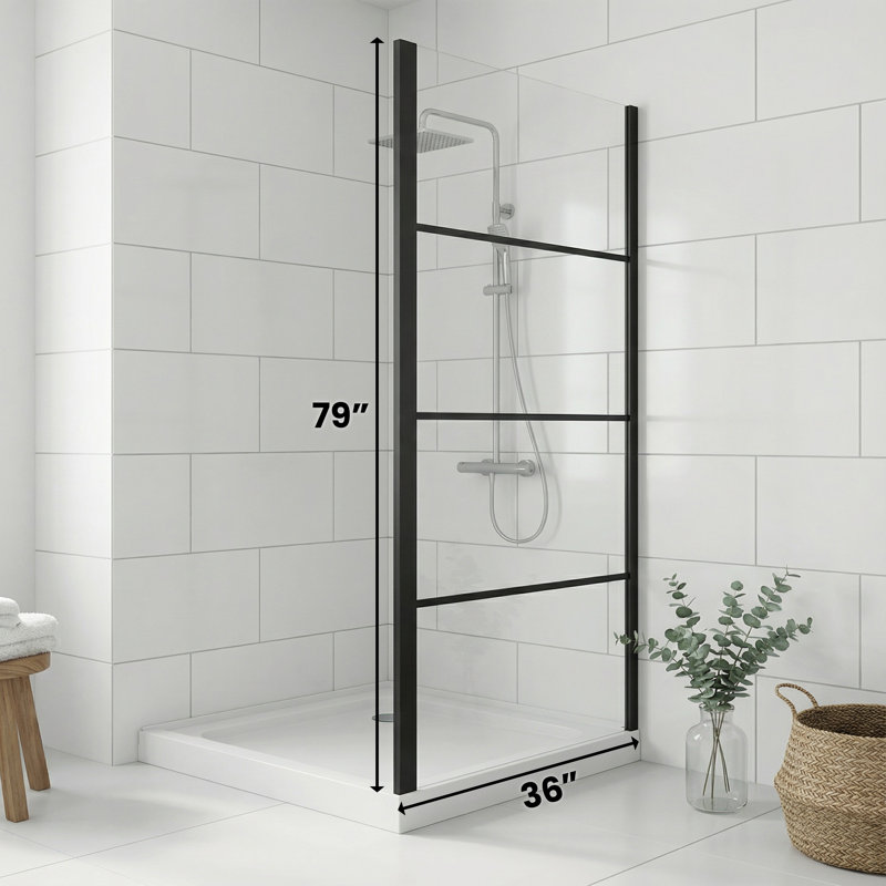 Panneau de douche latéral réversible de 36 po x l 79 po Trevor en noir mat avec verre trempé transparent de 8 mm