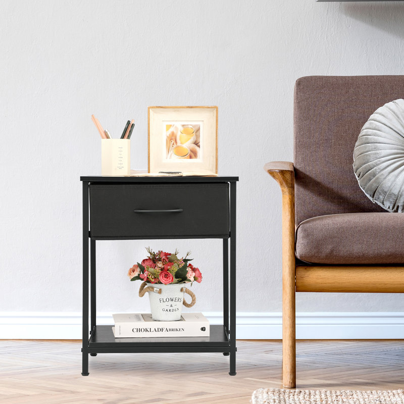 Nightstand with Fabric Storage Drawer and Open Shelf, Small End Side Table Bedside Table for Home Bedroom, Black