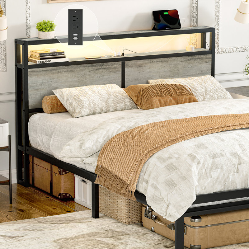 Antioch Bed with LED Light and Charging Station, Storage Headboard, No Box Spring Needed, Queen, Grey