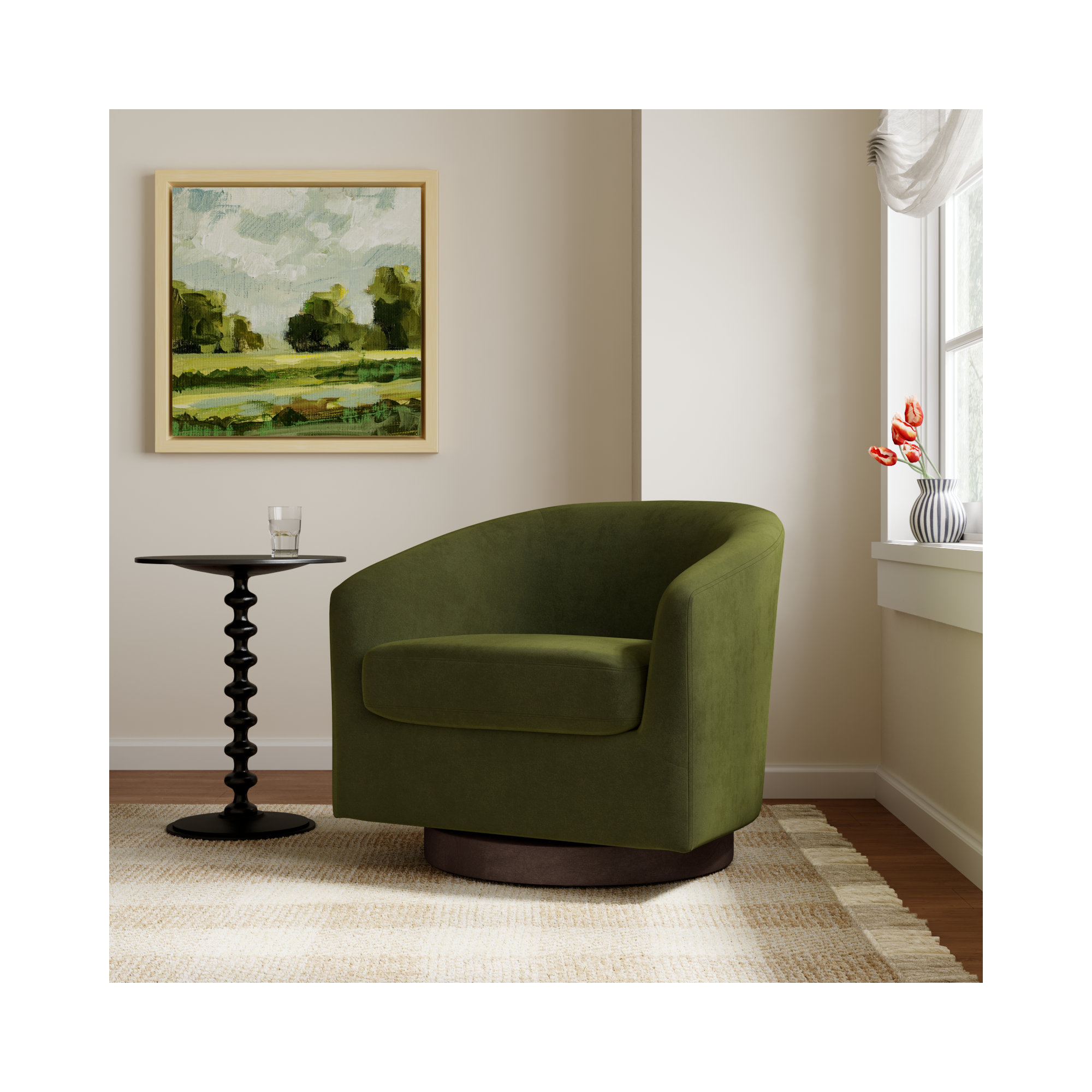 Bennett Upholstered Swivel Barrel Chair, Bella Forest Performance Velvet