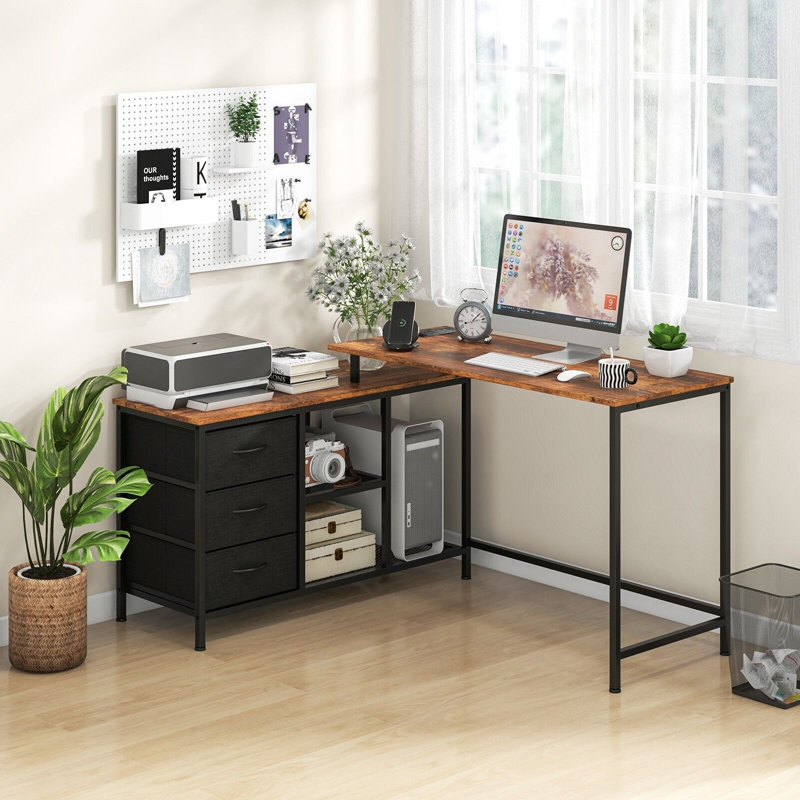 Abdulelah L-Shaped Steel Computer Desk, Black, Brown