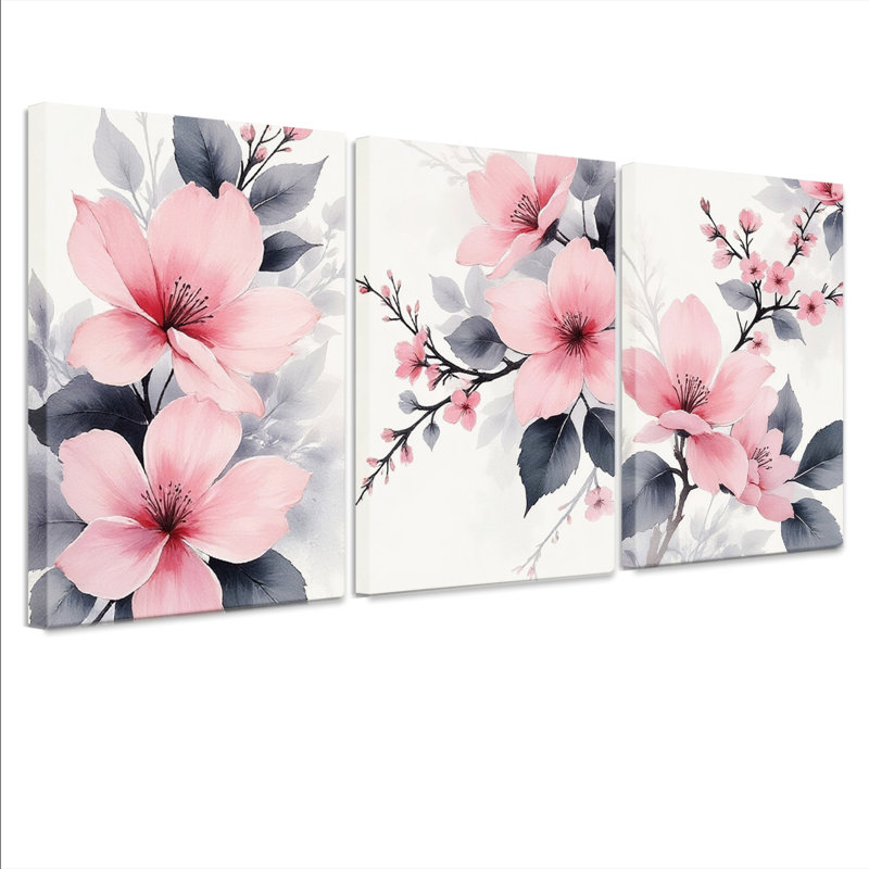 «Pink Floral» et feuille grise sur toile tendue, reproduction d'aquarelle (ensemble de 3), H 30 po x l 60 po