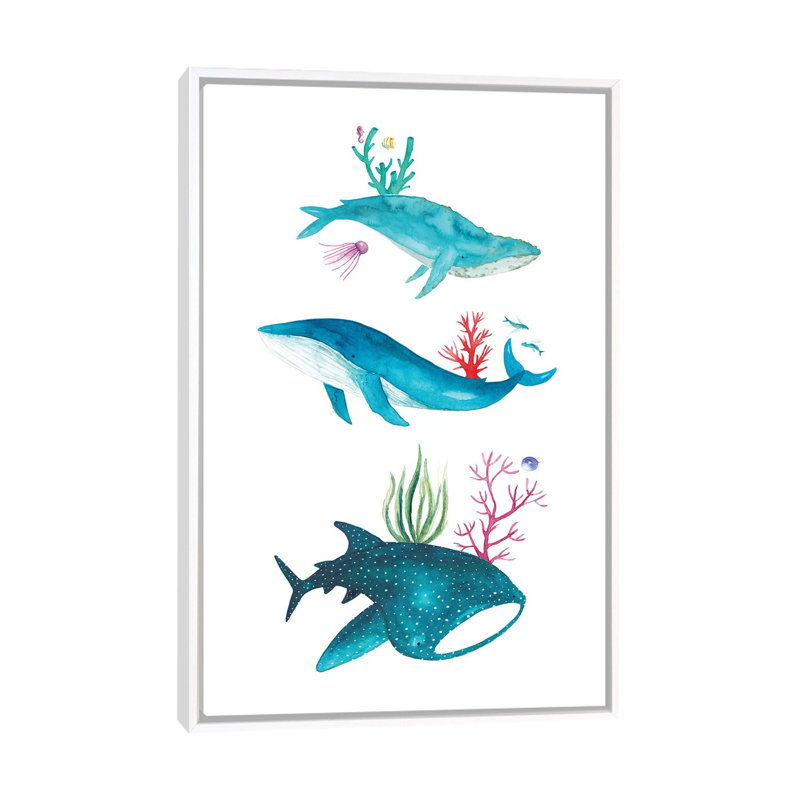 Créatures de l'océan - impression, Pas de tapis, Toile blanche encadrée, H 60 po x l 40po x P 1,5 po