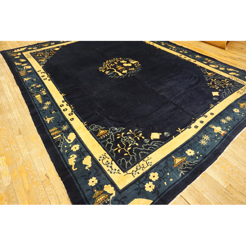 Tapis rectangulaire en laine noué à la main chinois antique bleu des années 1920