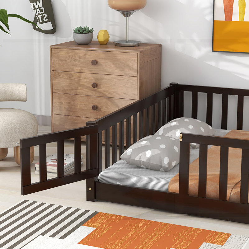 Lit de plancher en bois d'hévéa avec garde-corps de sécurité, Espresso