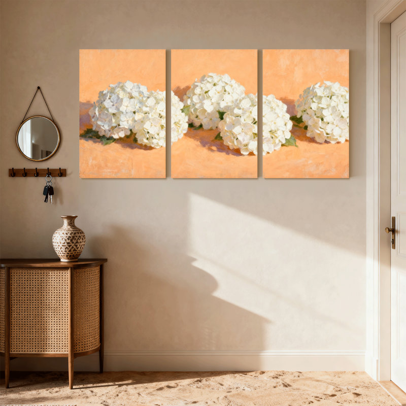 Fleurs d'hortensia sur fond, ensemble de 3 impressions d'art sur toile, H 18 po x l 36 po