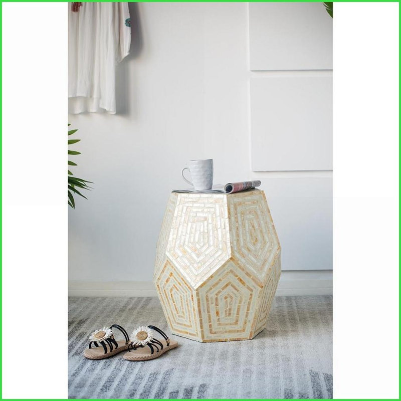 Tabouret hexagonal Capiz | Tabouret / table d'appoint d'intérieur polyvalent | Cadre décoratif multi-facettes | Crème / jaune | Panneau de fibres à densité moyenne