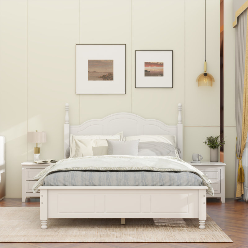 Cadre de lit plateforme en bois, lit plateforme de style rétro avec support en lattes de bois,, Lit double, Blanc