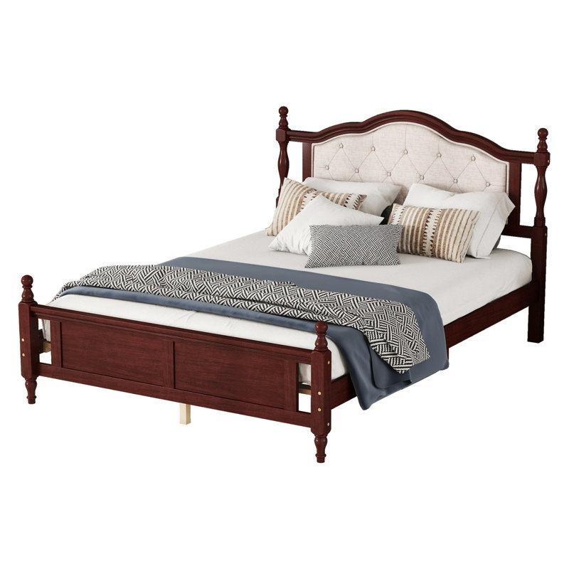 Solid Wood Boucle Upholstered Headboard Bed Frame, Cherry