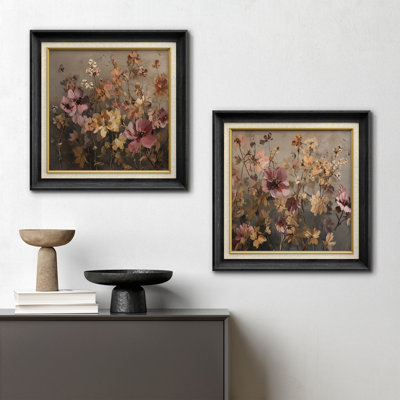 Muted Pastel Wildflower Meadow Floral Wall Decor Framed Master Bedroom Wall Art Work 2 Pieces Print