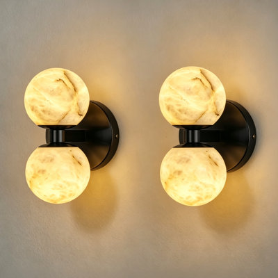 Modern 2-Light Alabaster Globe Wall Sconce with Black Brushed Brass Metal Backplate for Bedroom Living Room and Hallway