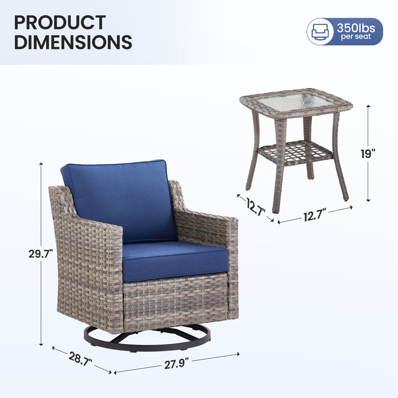 Swivel Outdoor Chairs Set of 2 with Glass-Top Side Table, All-Weather Wicker Furniture for Porch, Poolside, and Yard Use.