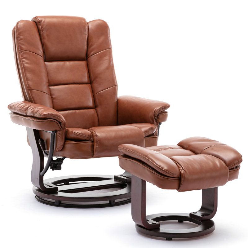32" Contemporary Leather Recliner and Ottoman with Swiveling Mahogany Wood Base, Brown