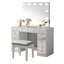 Ensemble de meuble-lavabo 1 pièce avec tabouret avec tiroirs de rangement en verre et miroir central avec ampoules USB et prise de courant au fini blanc et gris
