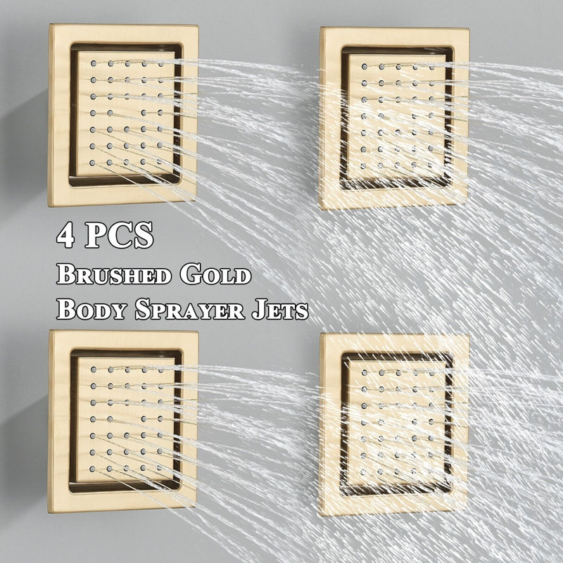 4Pcs Polished Gold Square Shower Message Body Spray Brass Concealed Installation