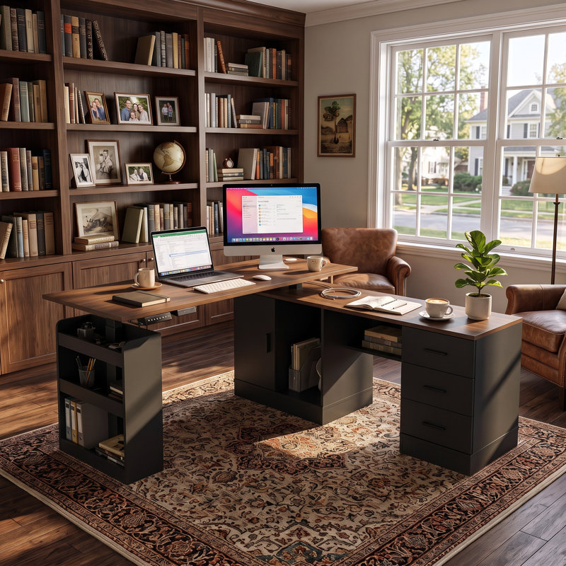 Bureau relevable en L Cyril 63'' L, Noir / brun