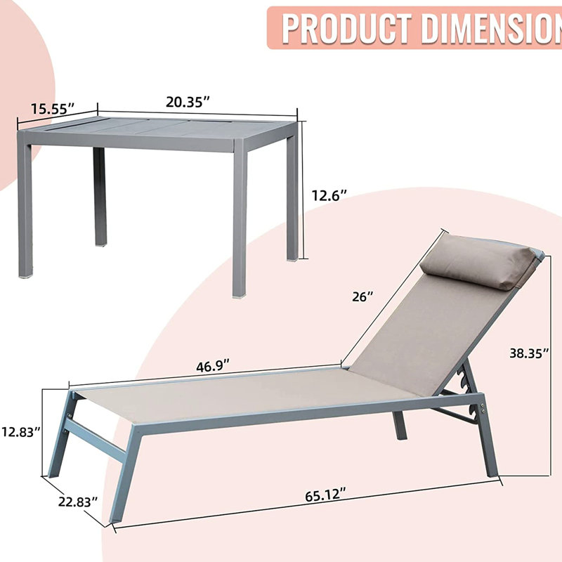 Outdoor Chaise Lounge 3 - Aluminum, Fabric, 5 Adjustable, Deck, Garden, Balcony Khaki Aluminum Frame, , Pool, Deck