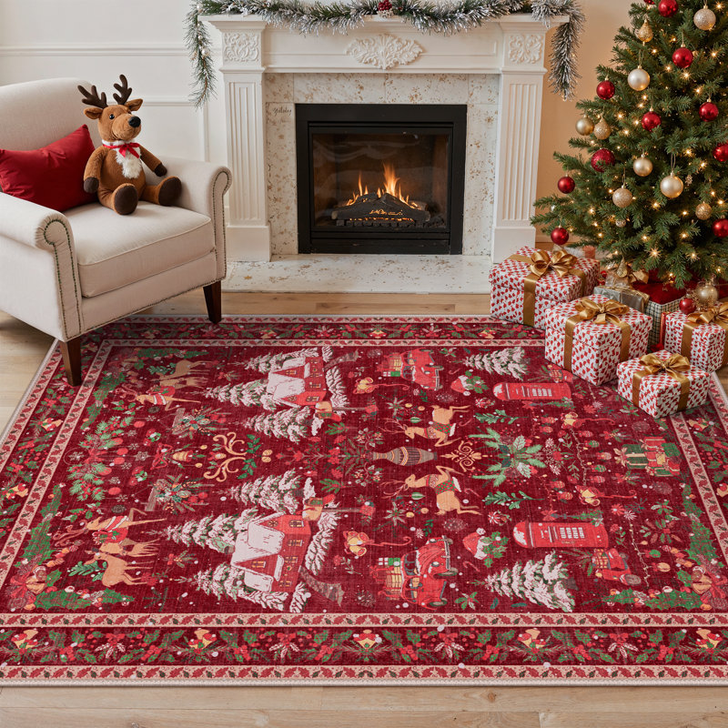 Tapis rouge lavable à la machine Christmas, Rectangle 4pi x 6 pi
