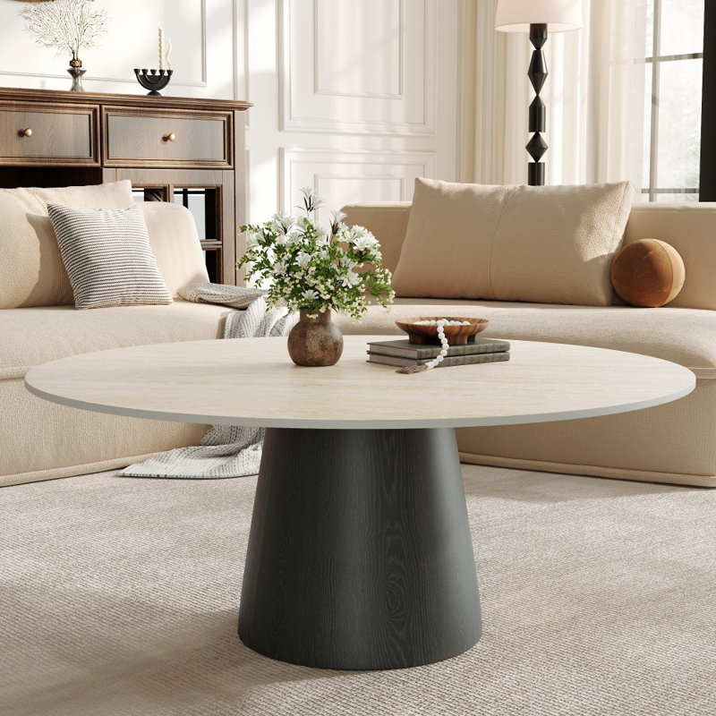 Table basse ronde en travertin moderne avec piédestal en bois massif, 17.32" H x 35.43" L x 35.43" W, White/Black