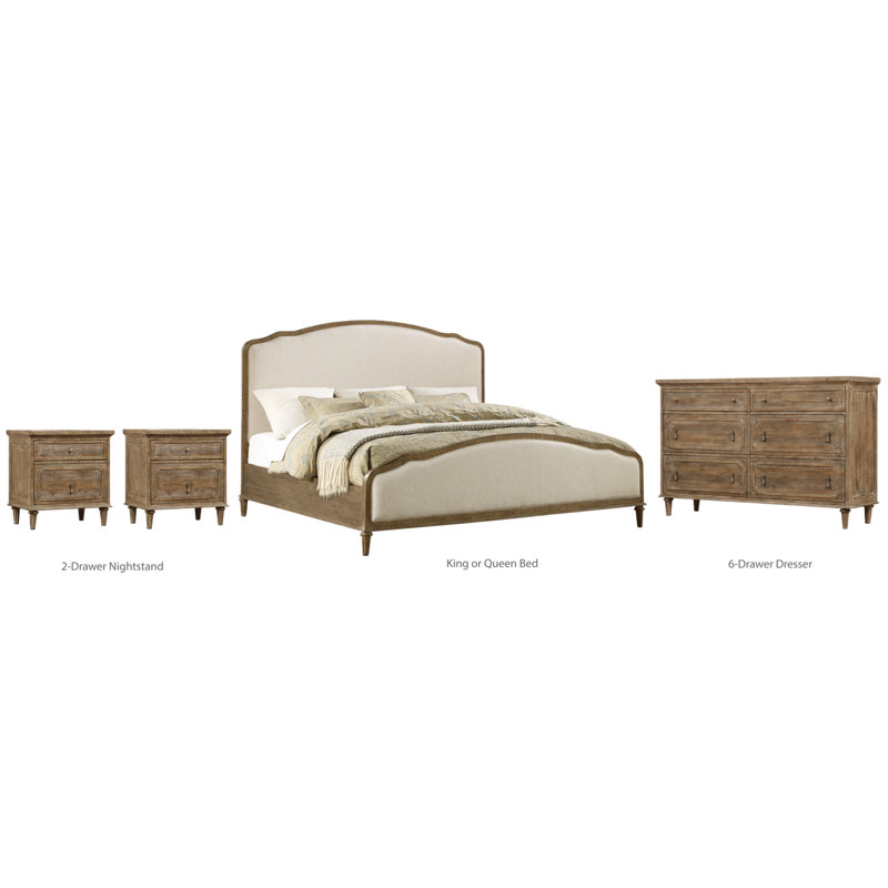 Posey Upholstered Standard Bedroom Set, Queen, 4 Pcs: Bed, 2 Nightstands, Dresser