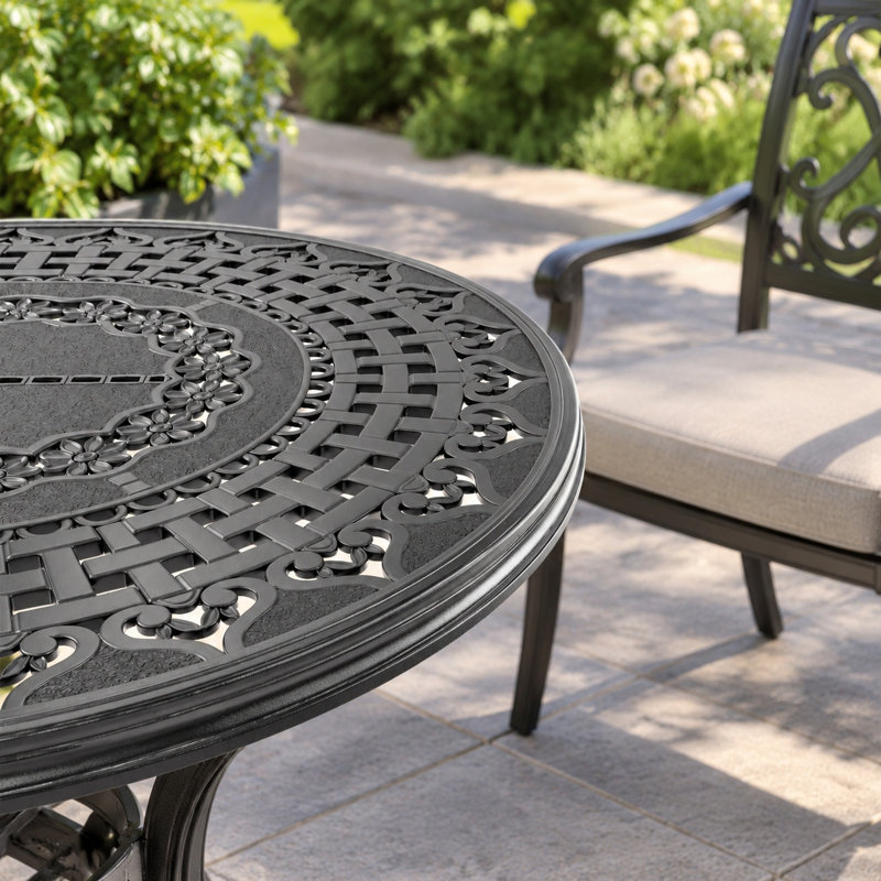 Table de salle à manger d'extérieur en aluminium coulé noir de 81,89 pouces avec trou pour parasol