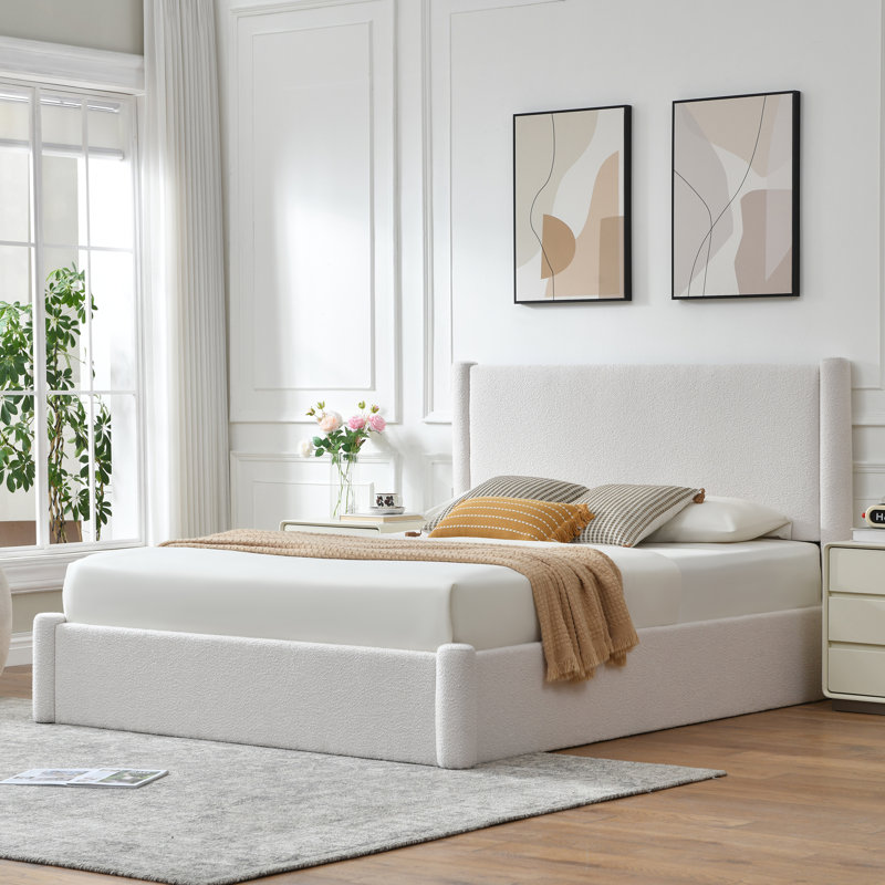Braya Luxury Boucle Hydraulic Lift Up Storage Upholstered Platform Bed With Rounded Bolster Design,White,Full, Full