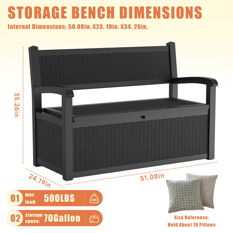 Boîte de rangement pour terrasse 70 gallons, Noir