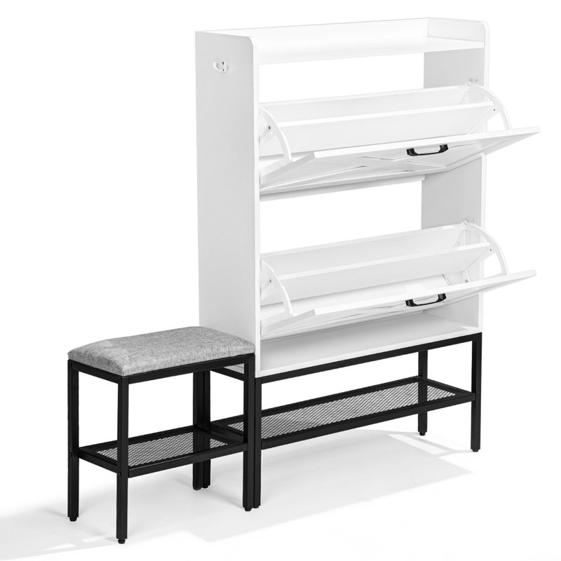 22 Pairs Barn Door Style Shoe Cabinet with Flip-Down Racks and Padded Bench, White