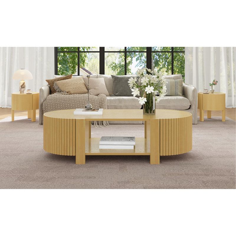 Table basse ovale cannelée avec rangement pour le salon, bois d'hévéa massif, 1 tablette et 2 portes de rangement ouvertes, 47 po