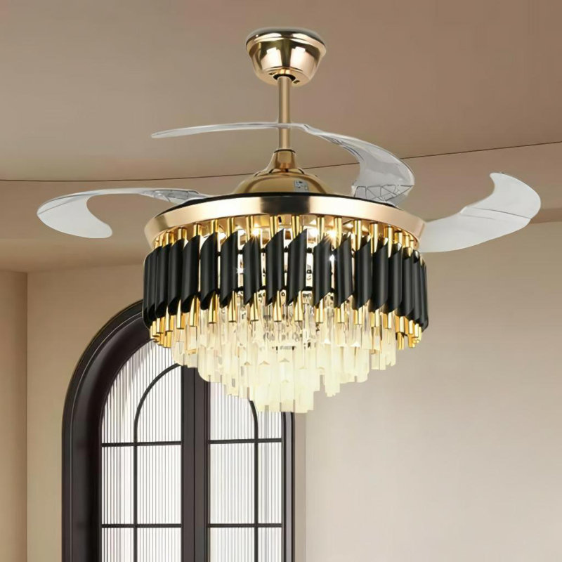 42 Inch Crystal Remote Control Tri Color Dimming Fan Light, Black