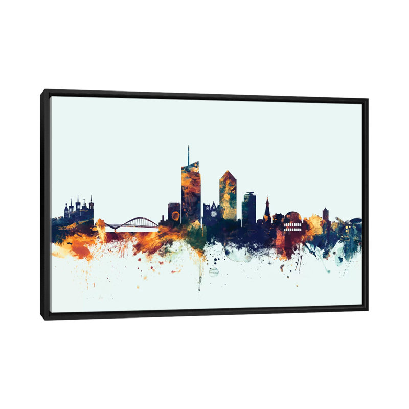 Série horizon : lyon, france, impression sur toile tendue en bleu, H 18 po x l 26 po x P 1,5 po, Toile avec cadre noir