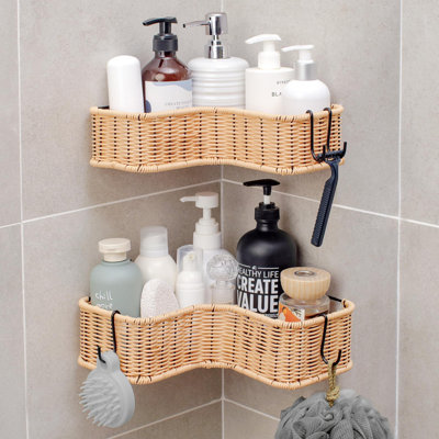 Serviteur de douche en coin, tablettes de coin antirouille, organisateurs et rangement de douche en osier, tablette de douche intérieure (naturel / paquet de 2)