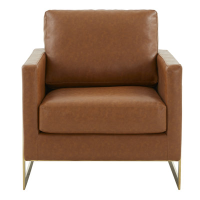 Lincoln Modern Leather Accent Chair with Stainless Steel Base – Contemporary Boxy Armchair, Single Seater Side Chair for Living Room, Bedroom, Office by Everly Quinn