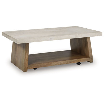 Beda Coffee Table With Casters, Shelf, 48 Inch Rectangular, Brown Wood