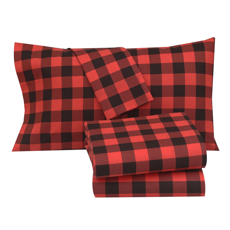 - Set of 4, Queen Sheet Set with 4 additional pieces, Red & Black/Plaid