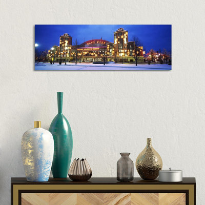Facade Of A Building Lit Up At Dusk, Navy Pier, Chicago, Illinois, USA - Wrapped Canvas Panoramic Print