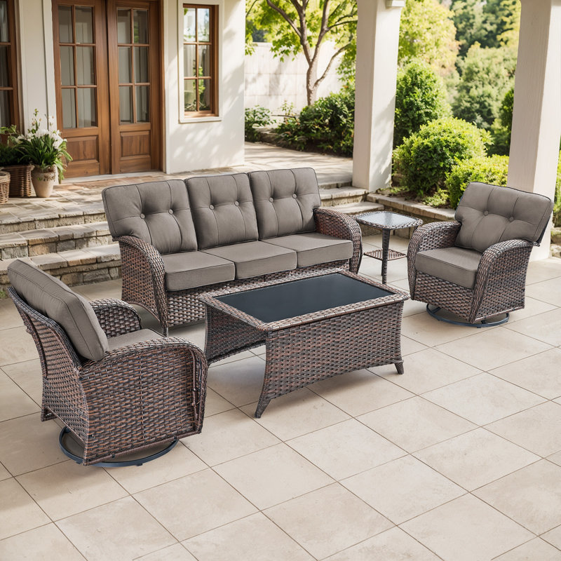Harbor 5-Piece Outdoor Wicker Patio Furniture Set, 5" Thick Cushioned Rattan Set With Swivel Chairs & Coffee Table, Blue