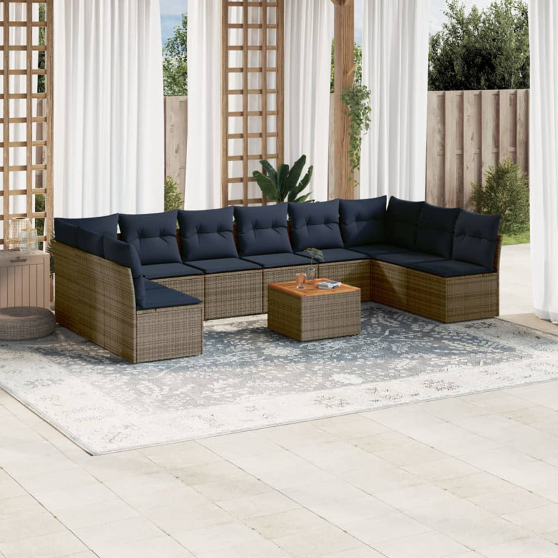 Ensemble de canapé de patio 11 pièces avec coussins en rotin de polyester, Marine, Gris