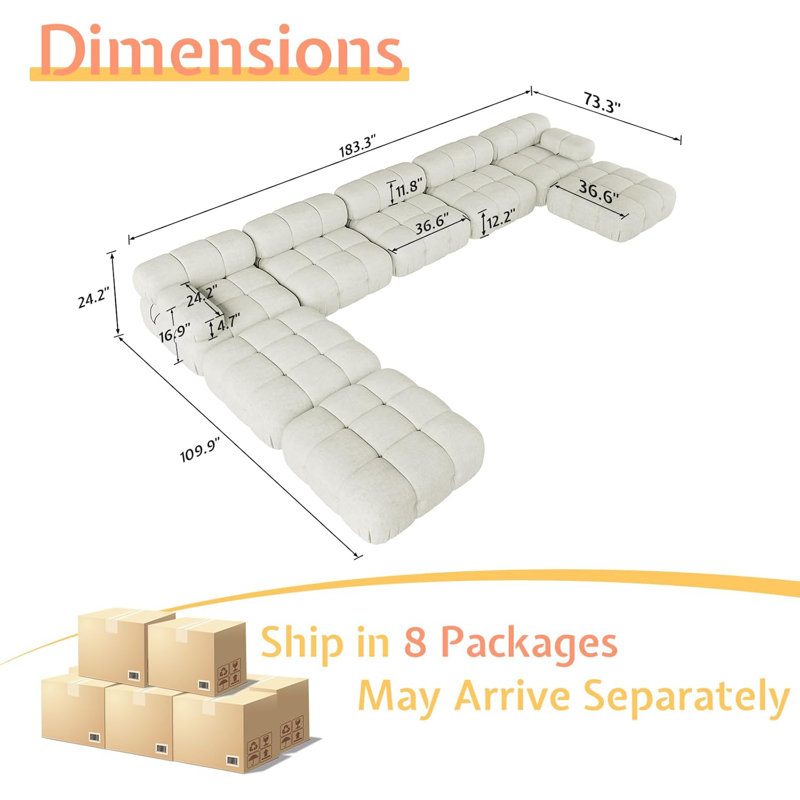 Canapé modulaire modulaire Boucle | 8 places en L | Canapé confortable avec repose-pieds Cloud, Tissu beige